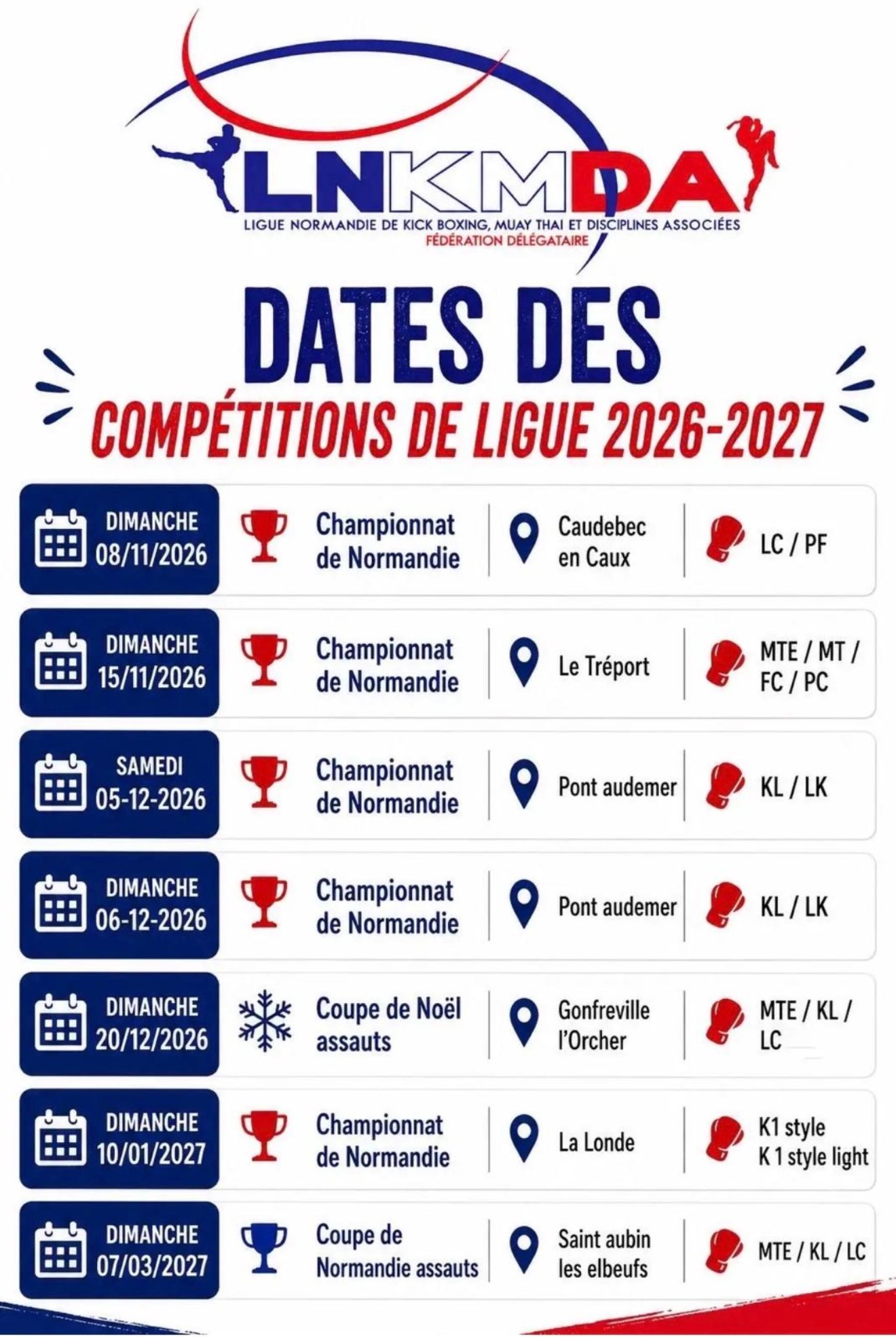 Calendrier des compétitions de ligue 2026-2027 de la LNKMDA : championnats de Normandie le 8 novembre à Caudebec-en-Caux, le 15 novembre au Tréport, les 5 et 6 décembre à Pont-Audemer et le 10 janvier à La Londe ; coupe de Noël assauts le 20 décembre à Gonfreville-l'Orcher ; coupe de Normandie assauts le 7 mars 2027 à Saint-Aubin-lès-Elbeuf