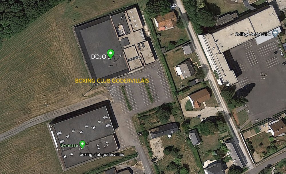 Vue satellite du dojo et du gymnase, avec repères